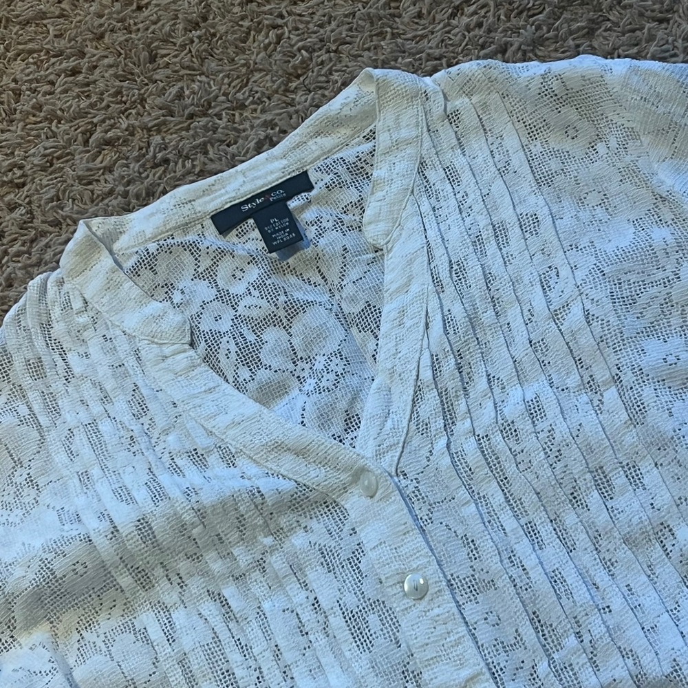 Style & Co‎ Petite White Floral Lace Pintuck Button Front Blouse PL Womens